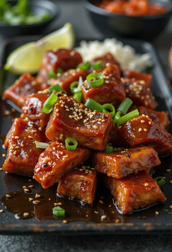 Gochujang galbi, koreai marhahús tavaszi hagymával és szezámmaggal díszítve