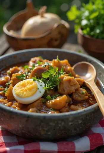 Gudeg csirke, kókusztejjel és tojással tálalva, friss korianderrel díszítve
