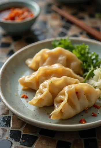 Gyoza káposztával, szójaszósszal tálalva