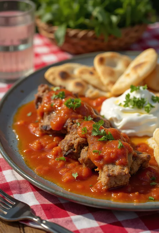 Iskender kebab fűszeres paradicsomszósszal joghurtos fokhagymás öntettel és pirított pitával tálalva