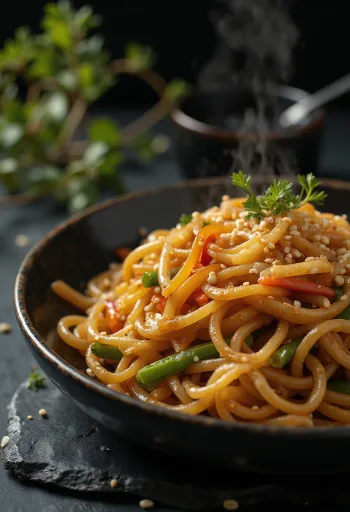Japchae szójaszósszal és mézzel tálalva, édesburgonya tésztával és zöldségekkel