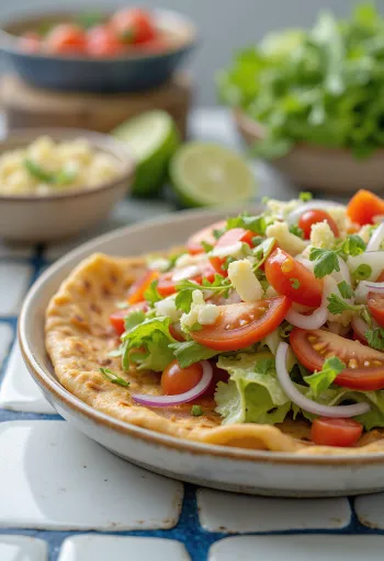 Lahmacun salátával, friss tésztával és fűszeres húsos töltelékkel tálalva
