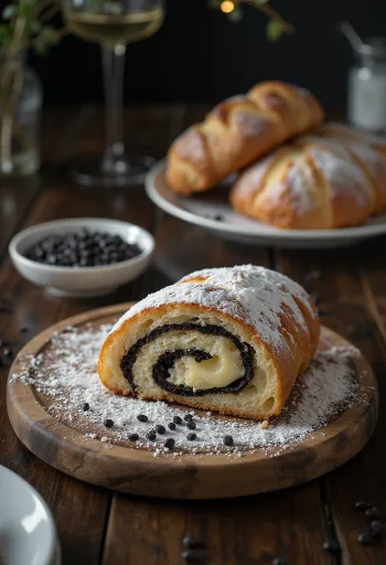 Mákos-vaníliás Stollen szeletelve, porcukorral meghintve