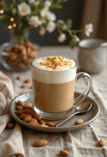 Mézes-mandulás latte pohárban, szeletelt mandulával és fahéjjal megszórva
