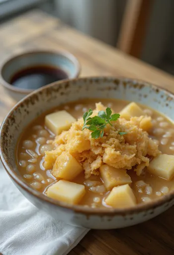 Miso alapú Sujebi, koreai tészta leves miso pasztával és póréhagymával