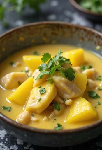 Moqueca tálalva mangóval, halakkal és kókusztejjel