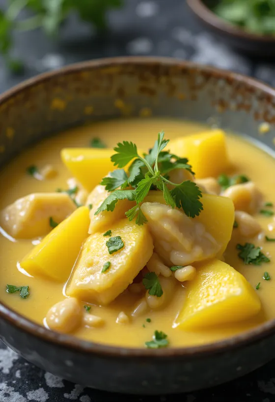 Moqueca tálalva mangóval, halakkal és kókusztejjel