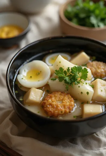 Oden ganmodokival, tofuval és daikonnal tálalva friss korianderrel