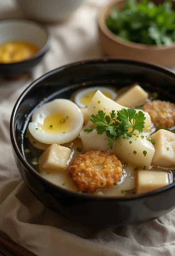 Oden ganmodokival, tofuval és daikonnal tálalva friss korianderrel
