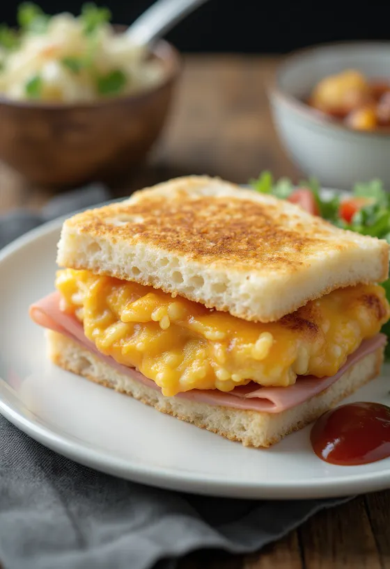 Omurice sando szendvics, aranybarna omlettel és sült rizssel, ropogós kenyérben
