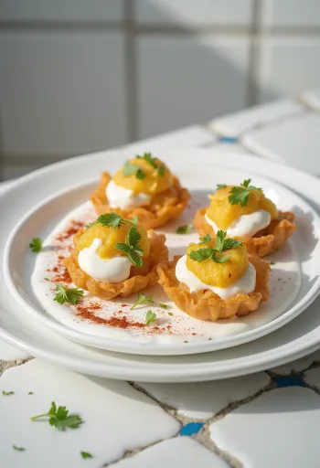 Pani puri joghurtos töltelékkel, friss korianderrel díszítve