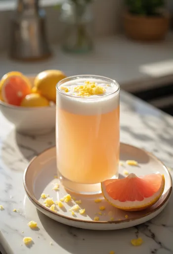 Grapefruit-ananászos kefir poharakban, világos krémes szín, gyümölcsdarabokkal a tetején