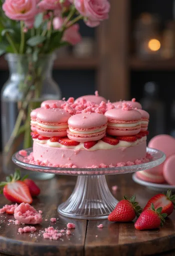 Rózsaszín macaron torta elegáns tálalásban