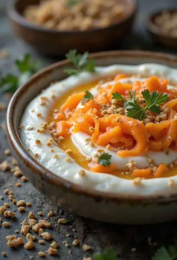 Friss sárgarépás raita tálalva, joghurttal és mentával díszítve.