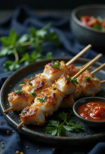 Sate kambing grillezve, kókusztejes pácban nyárson tálalva