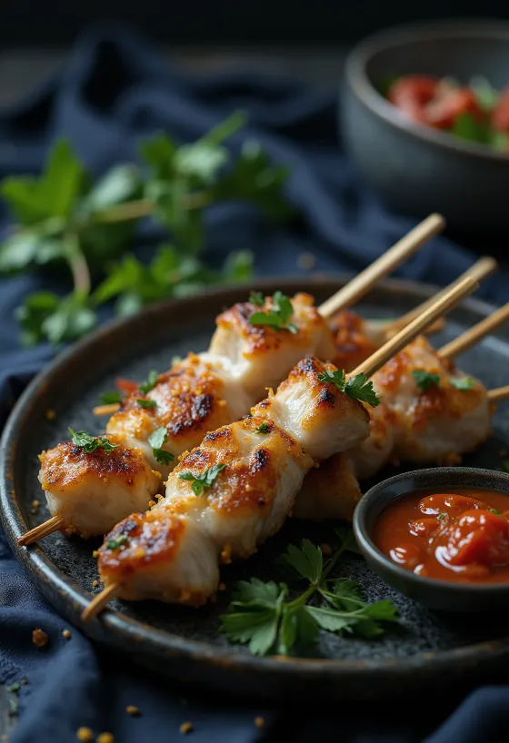 Sate kambing grillezve, kókusztejes pácban nyárson tálalva