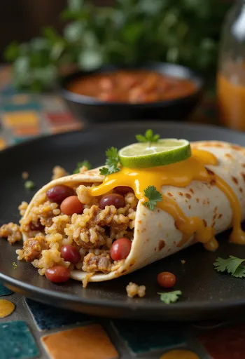 Sertés burrito tortilla lapban, rizzsel, babbal, sajttal töltve