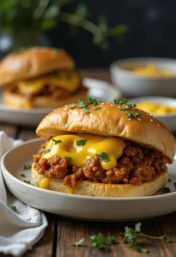 Mustáros szósszal készült Sloppy Joe szendvics, gazdagon elhelyezett darálthúsos töltelékkel