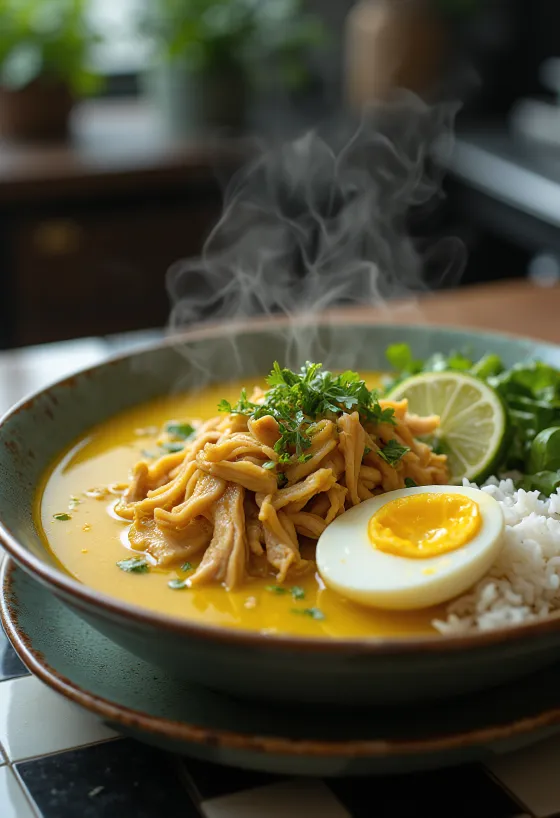 Soto ayam rizzsel, frissen tálalva, tojással és csirkehússal