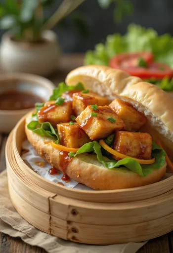 Sült tofuval töltött bao bun tálalva