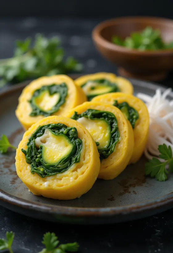 Tamagoyaki spenóttal, friss spenótos omlett szeletek tálalva