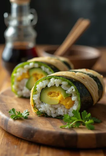 Tamagoyaki wrap, friss avokádóval és tamagoyaki tojással, friss korianderrel