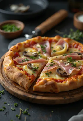 Töltött szélű Capricciosa pizza tálalva