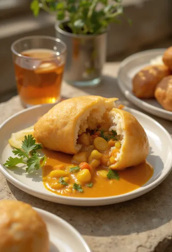 Vetkoek aranybarna gömbformában, mellé tálalt színes zöldséges curryvel