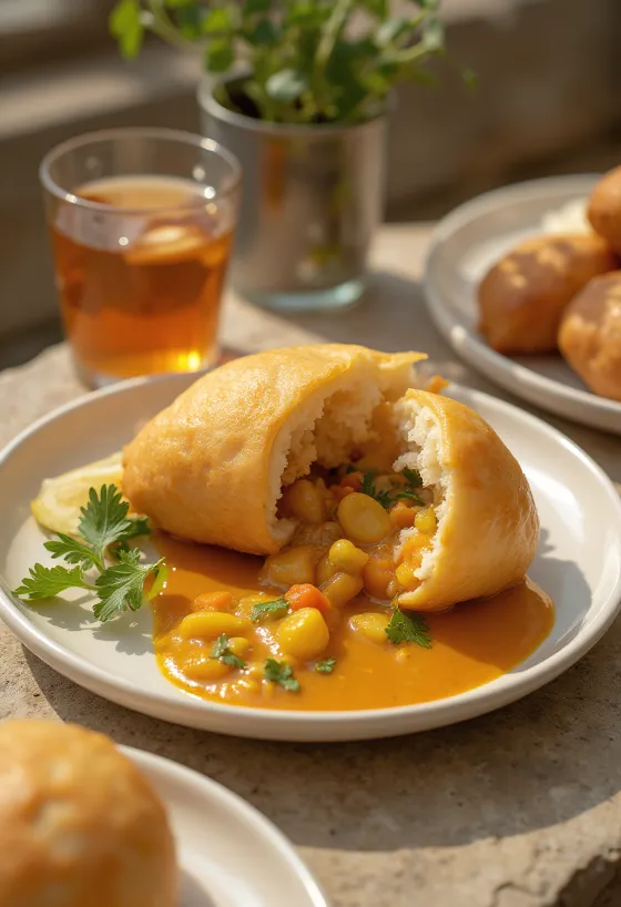 Vetkoek aranybarna gömbformában, mellé tálalt színes zöldséges curryvel