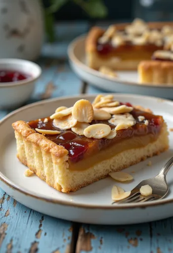 Bakewell tart karamellás töltelékkel, mandulával díszítve