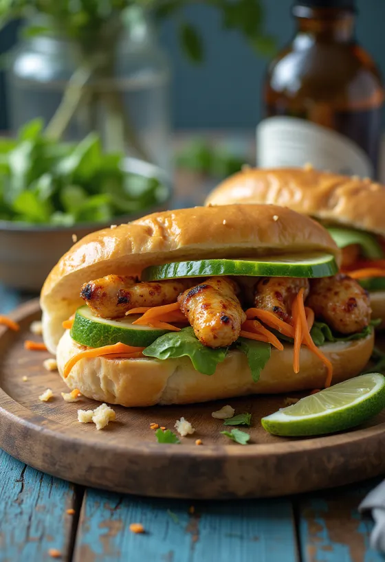 Bánh Mì Gà Nướng grillezett csirkés szendvics friss zöldségekkel és korianderrel tálalva.
