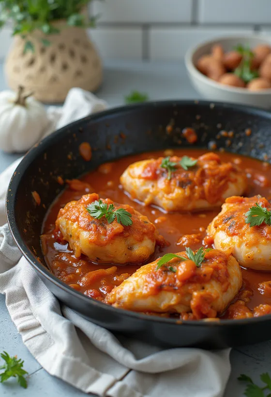 Cacciatore csirke karamellizált hagymával, paradicsomszósszal és olívabogyóval