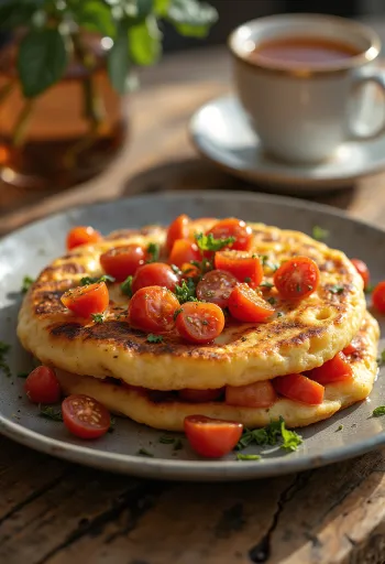 Crumpet paradicsommal tálalva, frissen sütve, aranybarna külsejével