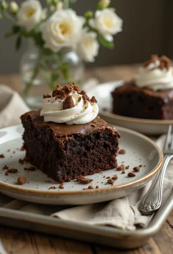 Csokis brownie torta tejszínhabbal és csokoládéforgáccsal