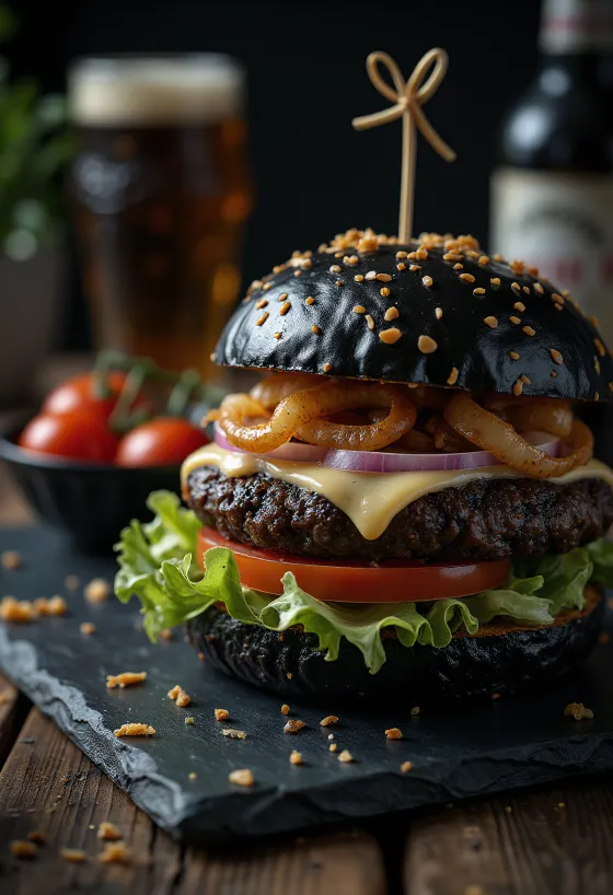 Éjfekete Burger tálalva