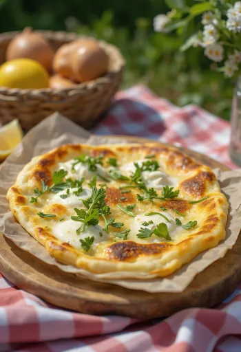 Gözleme sajttal és zöldfűszerekkel, aranybarna lepények tálalva