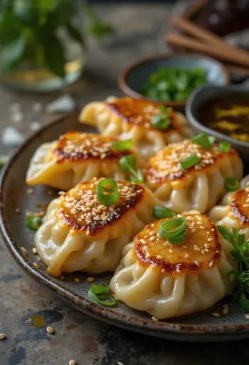 Ropogós sült gyoza batyuk szezámolajjal tálalva, szójaszósz mellett