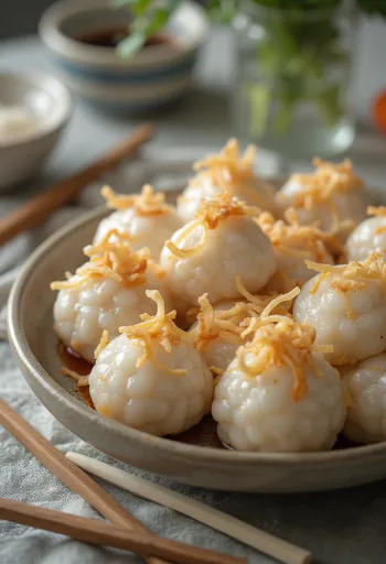 Húsos Tangyuan, pirított hagymával tálalva
