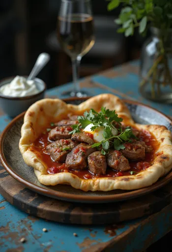 Iskender kebab marhahússal joghurtos fokhagymás öntettel és pirított pitával tálalva