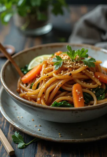 Japchae szójaszósszal tálalva, édesburgonya tésztával és zöldségekkel