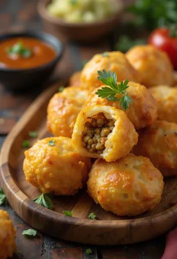 Khasta kachori mungóbabos töltelékkel, ropogós, aranybarna falatok fűszeres töltelékkel