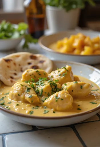Klasszikus Korma gazdag, krémes szószban tálalva, friss korianderrel díszítve.