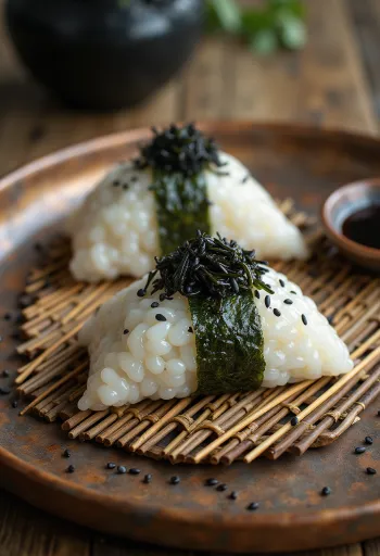 Kombu hínár töltelékű onigiri, fekete szezámmaggal díszítve