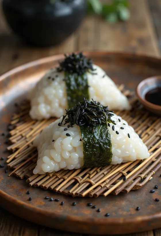 Kombu hínár töltelékű onigiri, fekete szezámmaggal díszítve