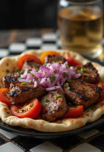 Kuzu Şiş bárányhús nyárs grillezett zöldségekkel és lapos kenyérrel tálalva