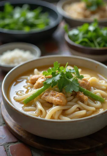 Laksa Baduy, gazdag kókuszos csirke leves rizstésztával és friss fűszerekkel