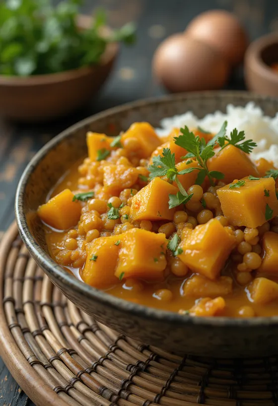 Lencse curry édesburgonyával tálalva