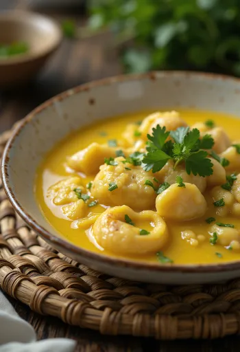Moqueca tálalva, hal szeletekkel és olívaolajjal
