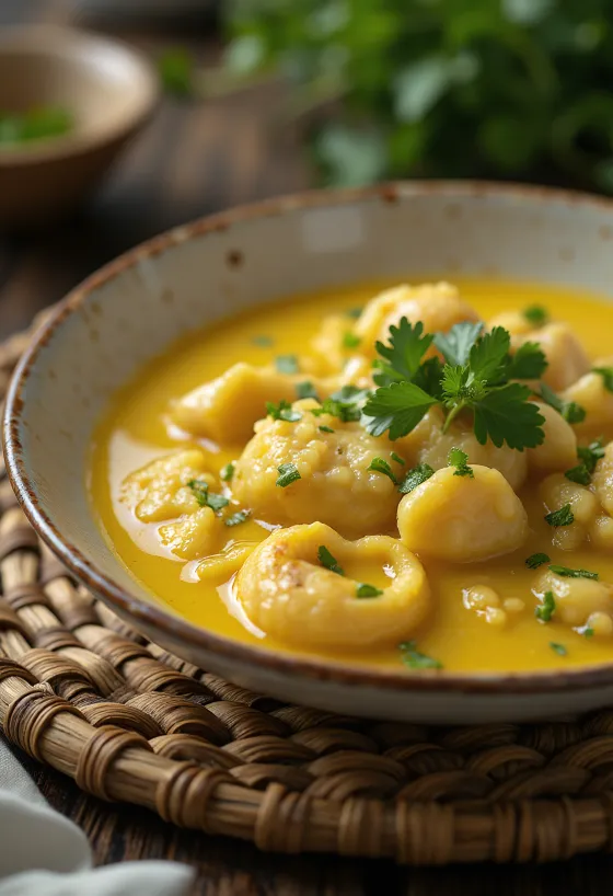 Moqueca tálalva, hal szeletekkel és olívaolajjal