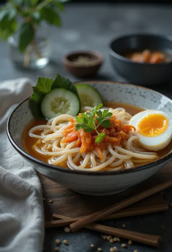 Morioka Reimen, japán hideg tészta pirospaprika pasztával és friss zöldségekkel